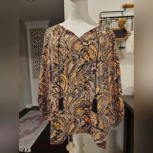 Joan Vass •Size XL• Paisley Orange Black Flowy Blouse 100% Viscose ☆New w/ Tag☆